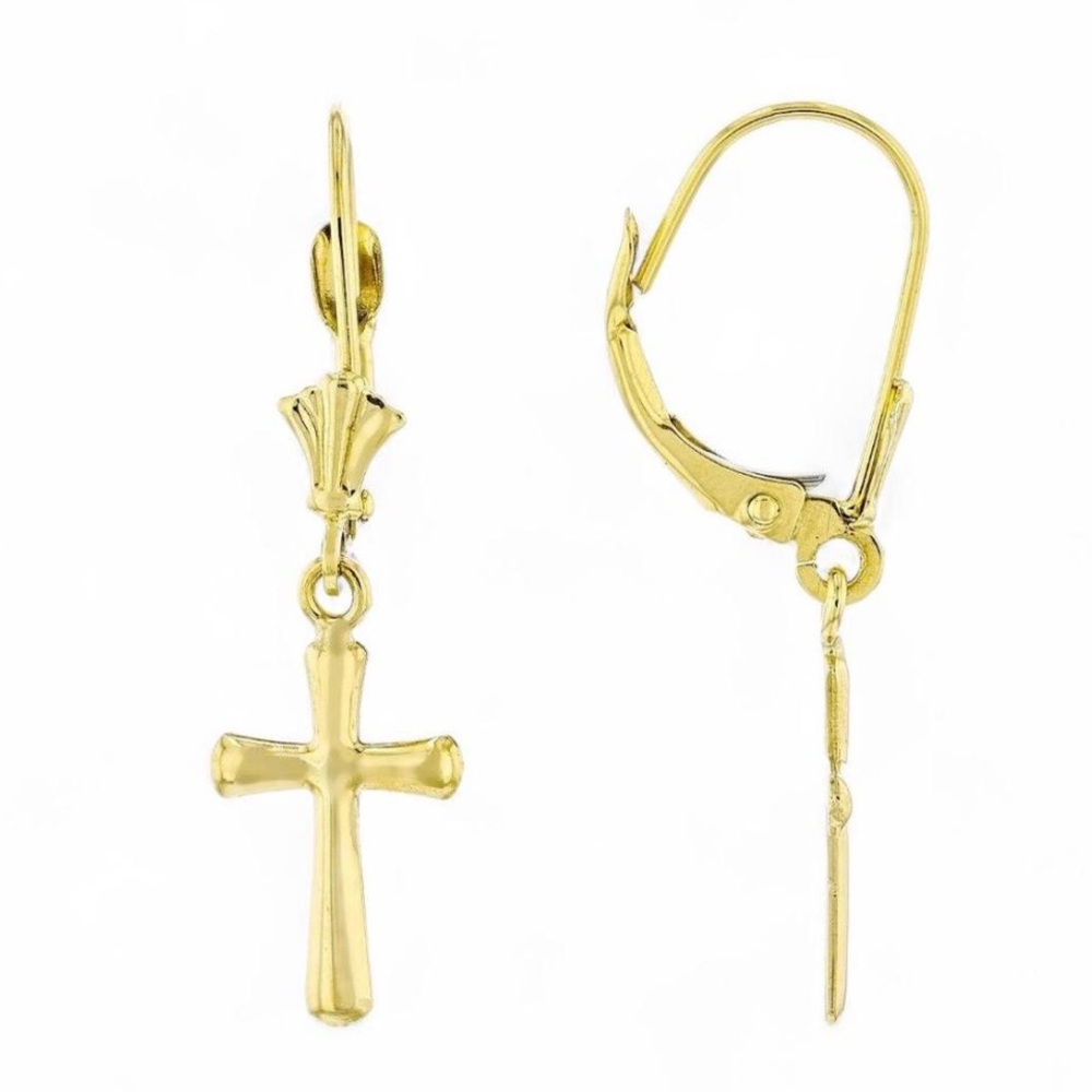 NEW 14k Yellow Gold Cross Leverback Hoop Dangle Earrings 10kt 10k 10KT 10 karat